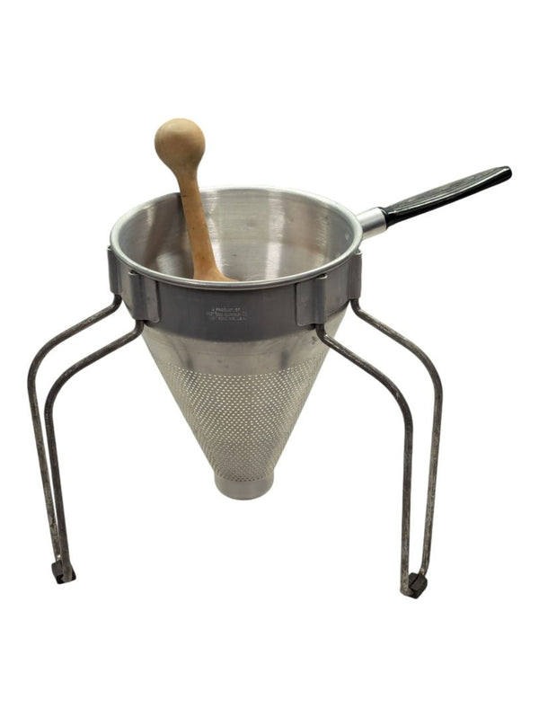 Vintage West Bend Aluminum Cone Food Strainer with Stand & Wooden Pestle