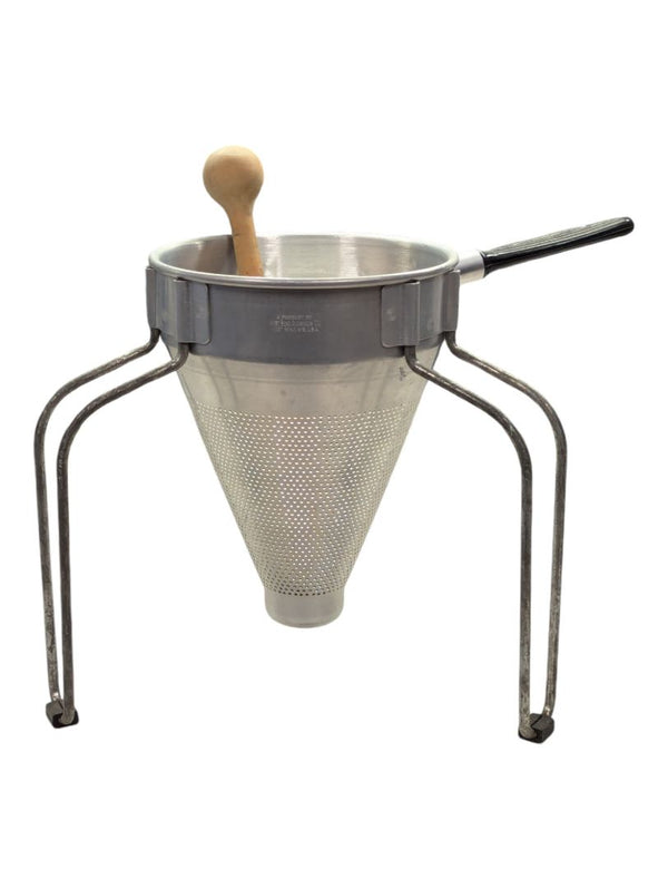Vintage West Bend Aluminum Cone Food Strainer with Stand & Wooden Pestle