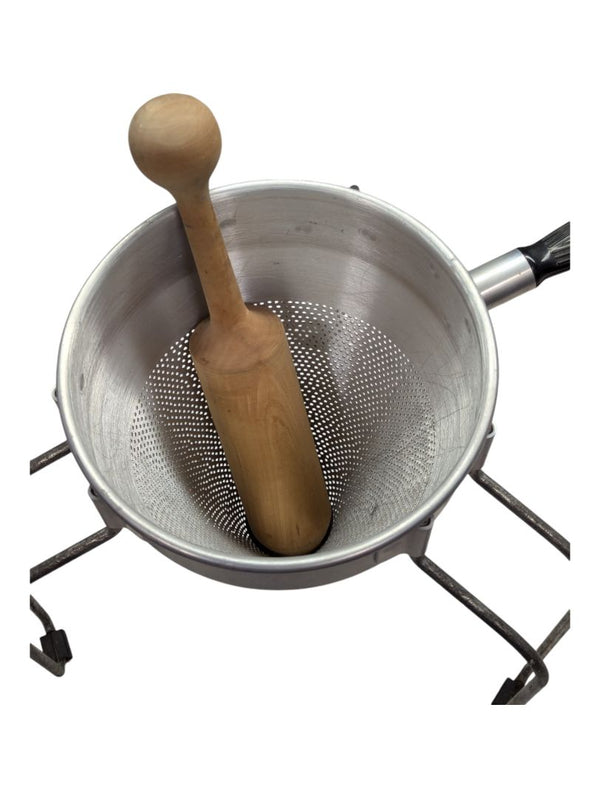 Vintage West Bend Aluminum Cone Food Strainer with Stand & Wooden Pestle