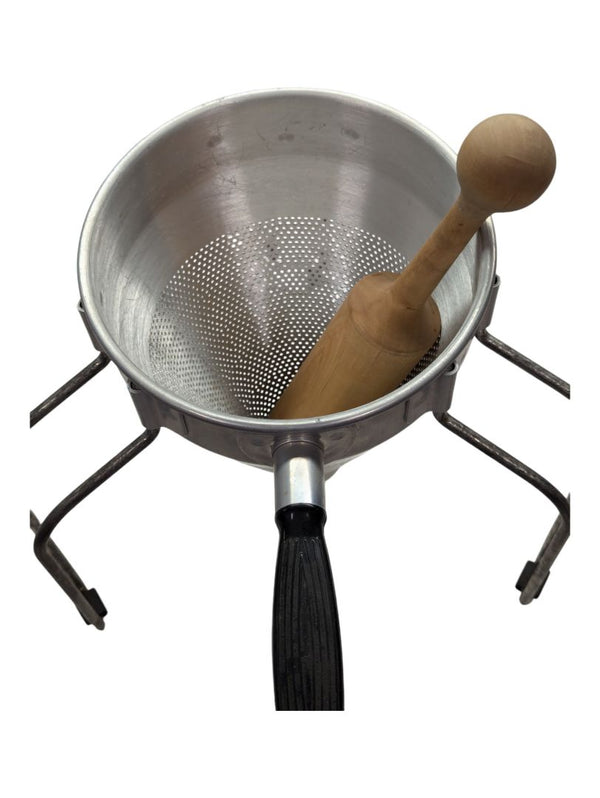 Vintage West Bend Aluminum Cone Food Strainer with Stand & Wooden Pestle