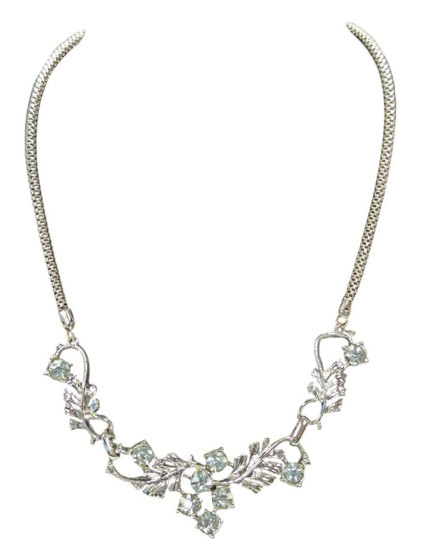 Vintage Necklace Silver Tone w/ Leaves & Gemstones