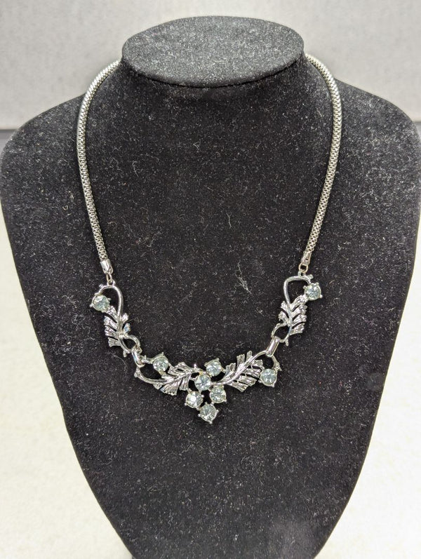 Vintage Necklace Silver Tone w/ Leaves & Gemstones
