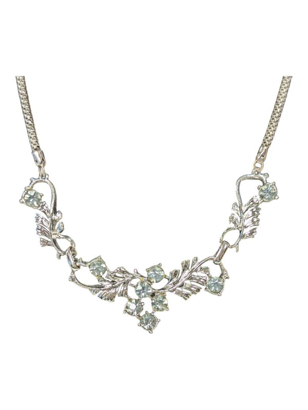 Vintage Necklace Silver Tone w/ Leaves & Gemstones