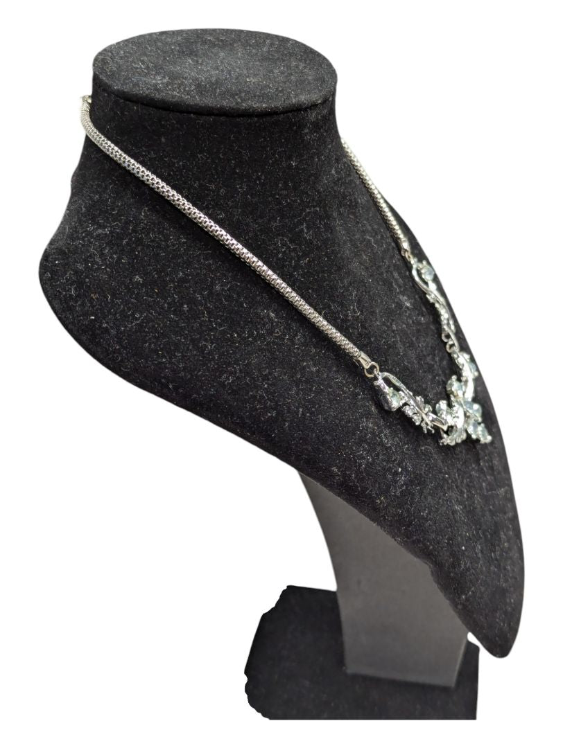 Vintage Necklace Silver Tone w/ Leaves & Gemstones