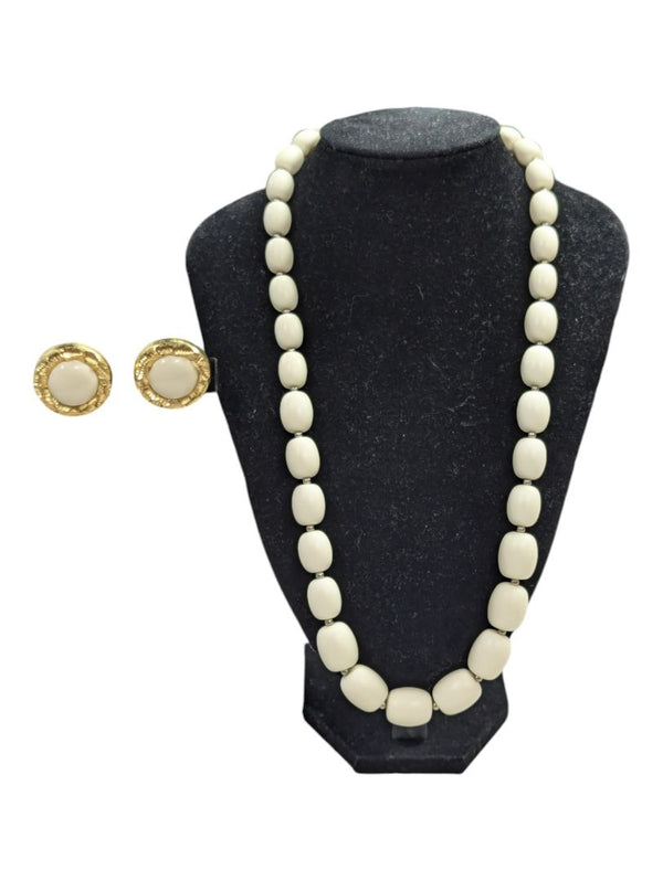 White & Gold Necklace & Ear Clips