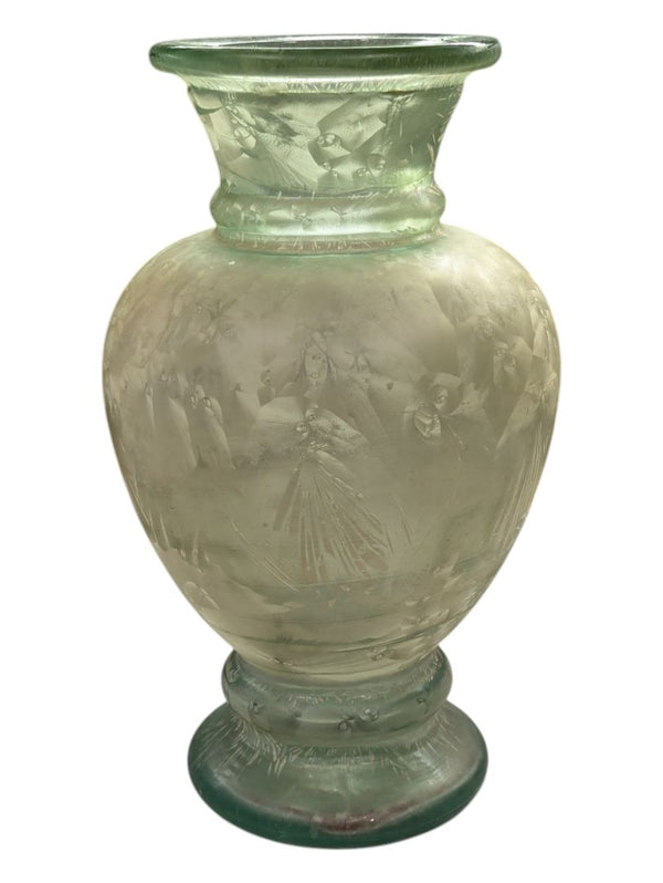 VINTAGE TALL ART GREEN GLASS VASE PEDESTAL BASE