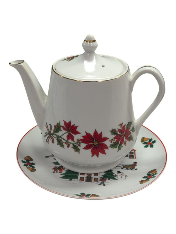 Poinsettia Teapot & Christmas Plate