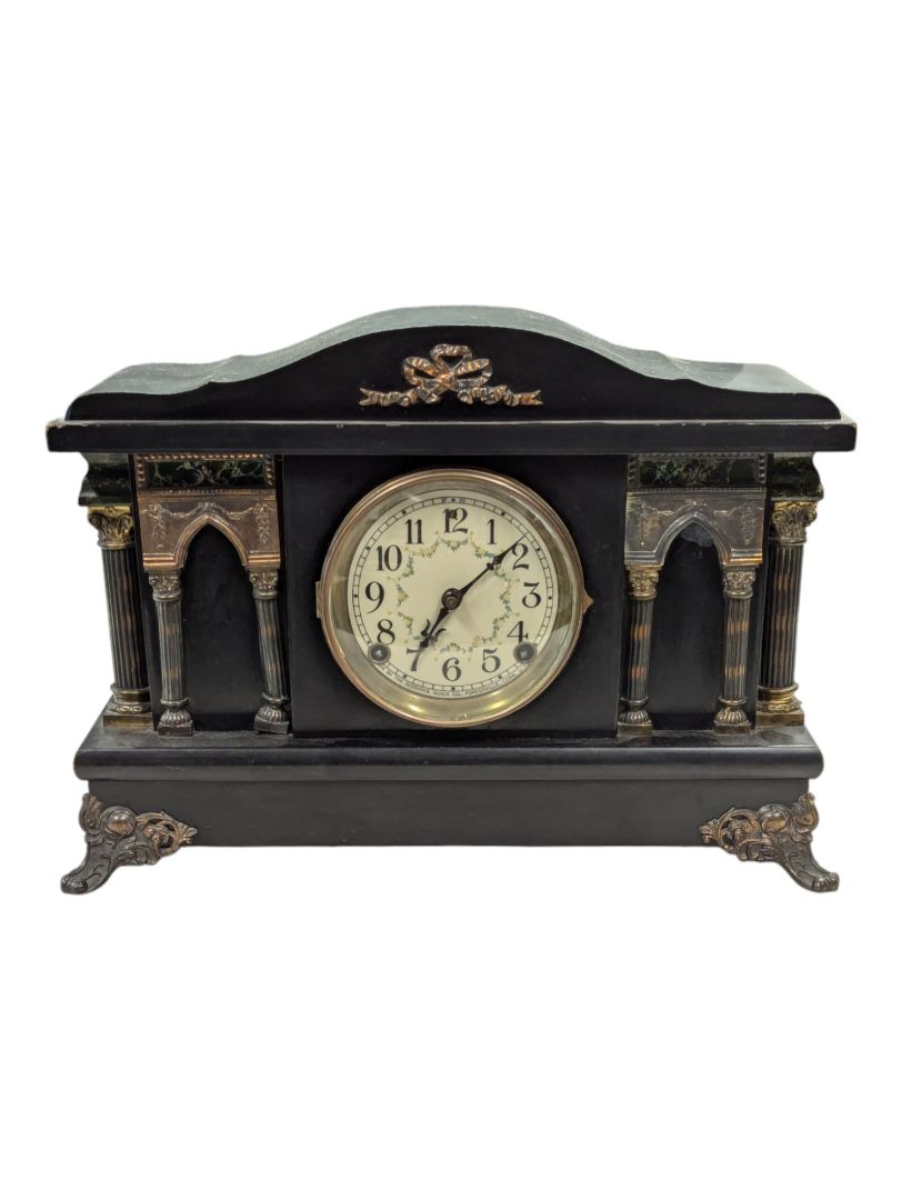 Antique Sessions Mantel Clock with Pillars & Floral Face