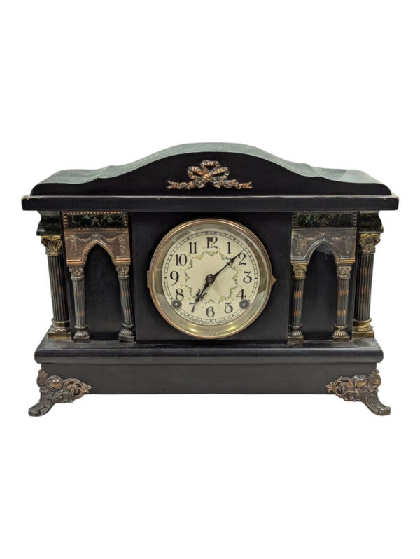 Antique Sessions Mantel Clock with Pillars & Floral Face