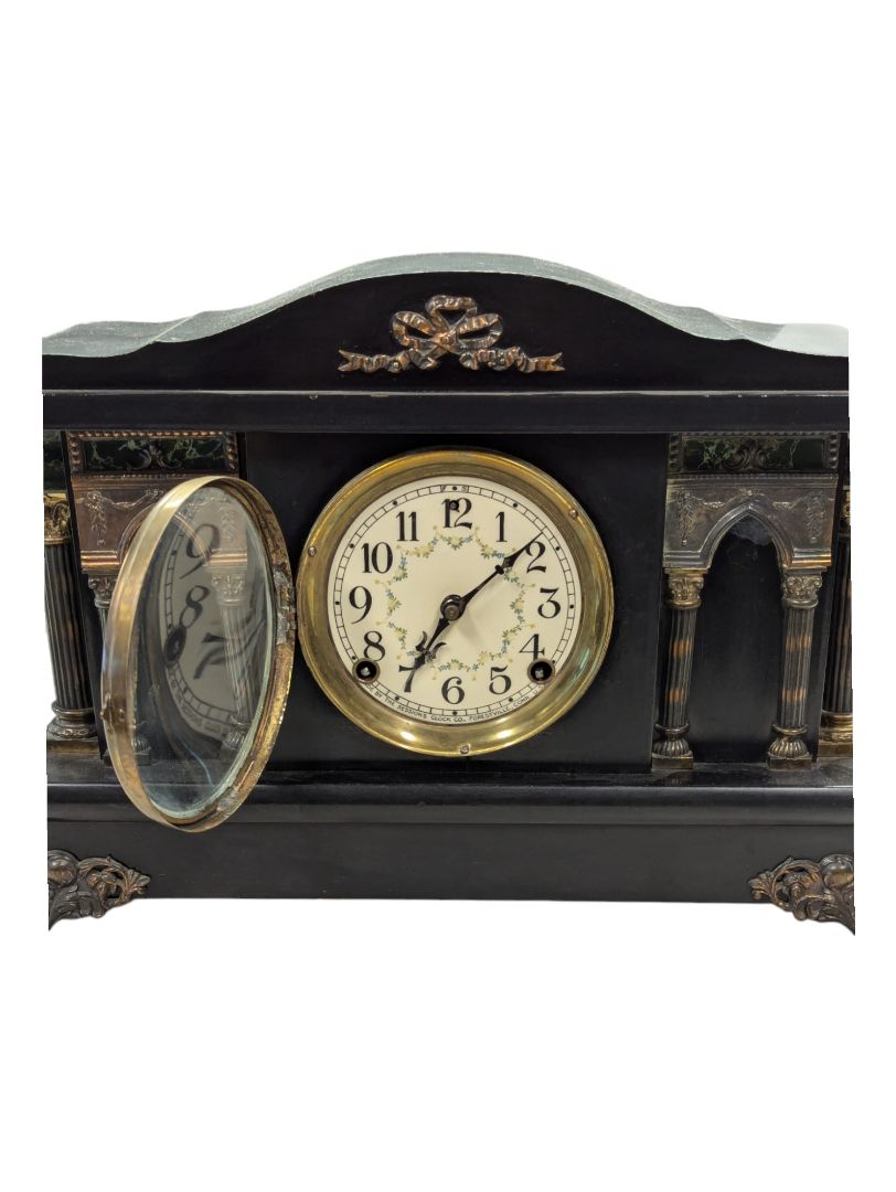 Antique Sessions Mantel Clock with Pillars & Floral Face