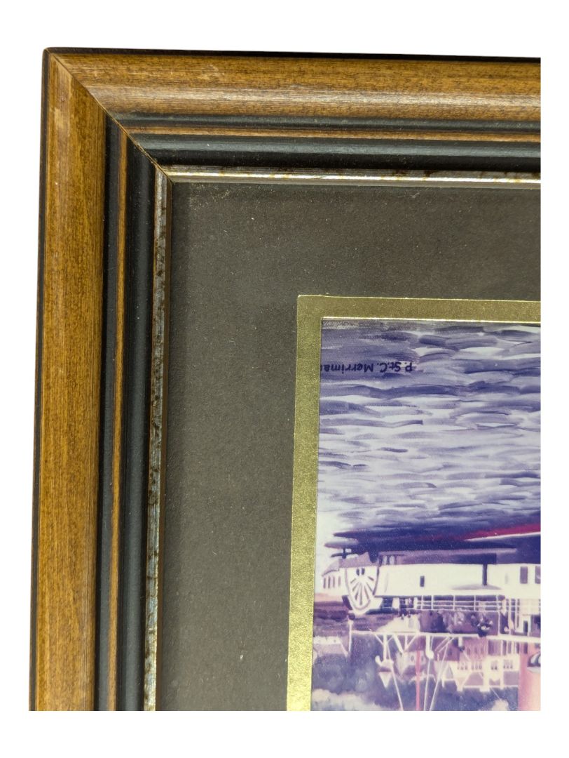 Painting of boat beside hills 11 1/4