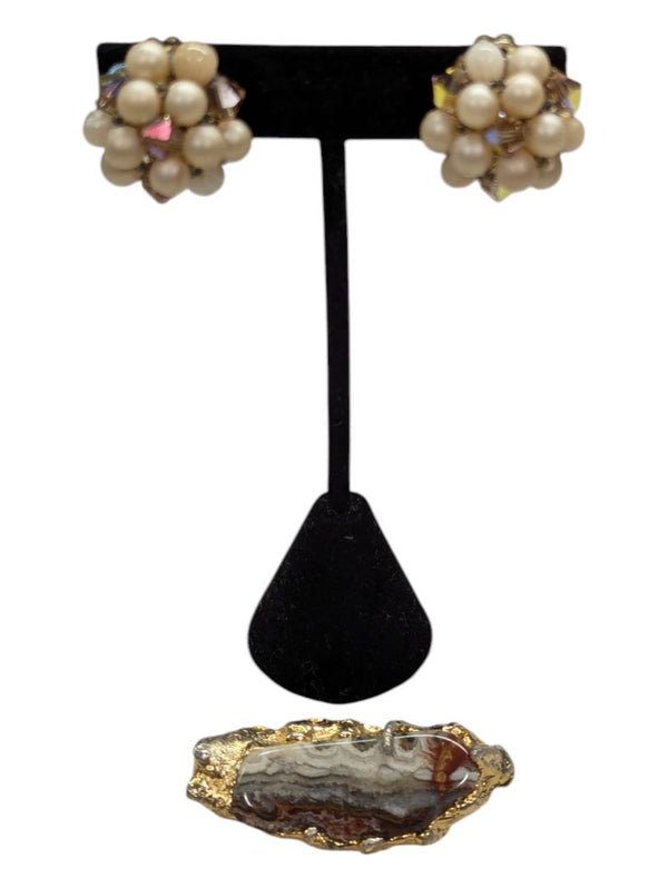 Autumn brooch and pearl cluster earring jewelry set