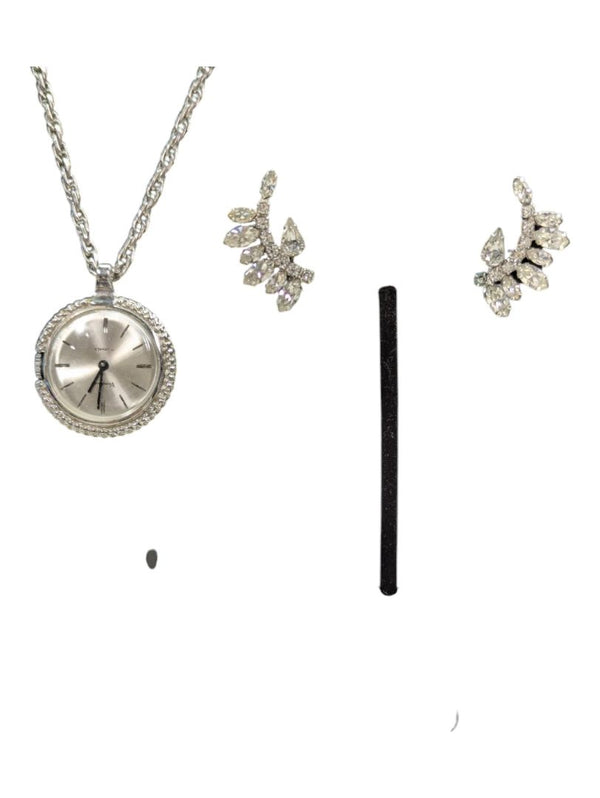 Silver gem toned jewelry set w Vendome Clock necklace