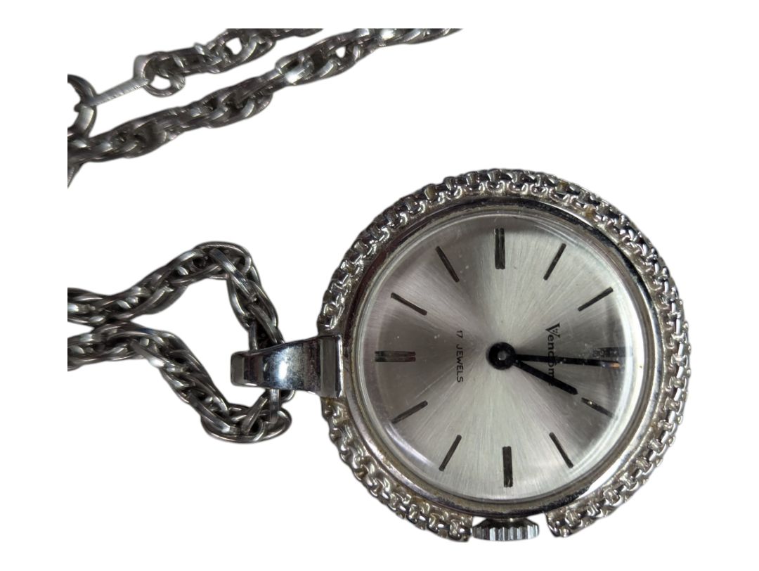 Silver gem toned jewelry set w Vendome Clock necklace