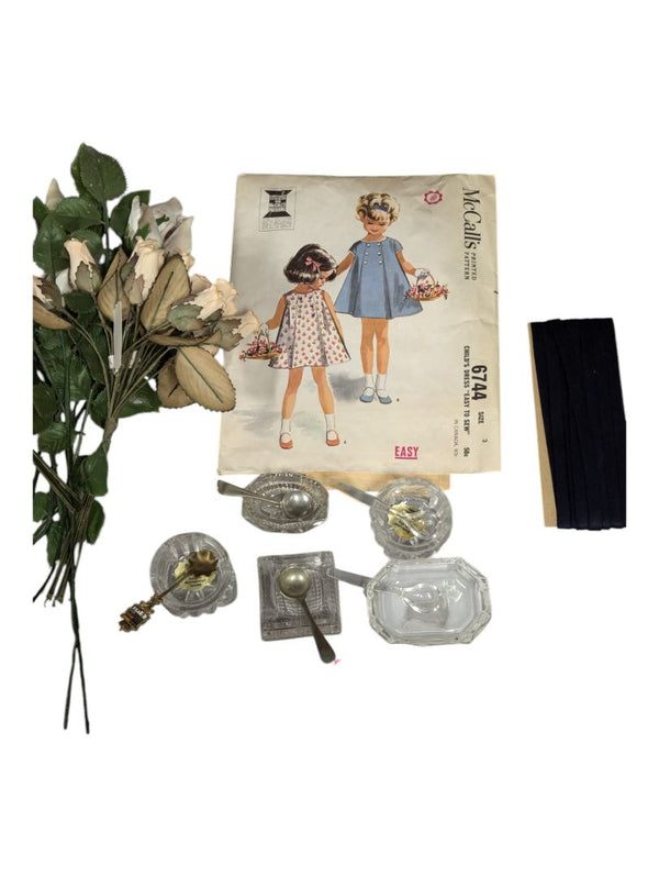 Crafting lot: Navy Blue Twill Tape, Sewing Pattern, Fake Flowers, 5 Crystal Bowls and Spoons