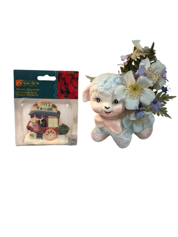 Set of Figurines- Lamb planter and Joy's Tailor cart