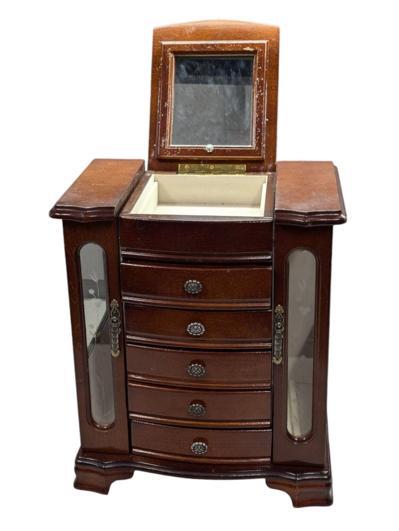 Vintage Jewlery Box with Drawers and Frosted Doors