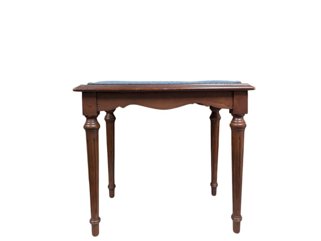 Small Wooden Bench with Blue Cushion