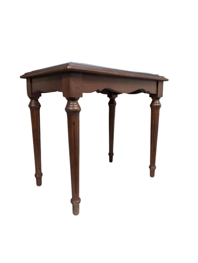 Small Wooden Bench with Blue Cushion