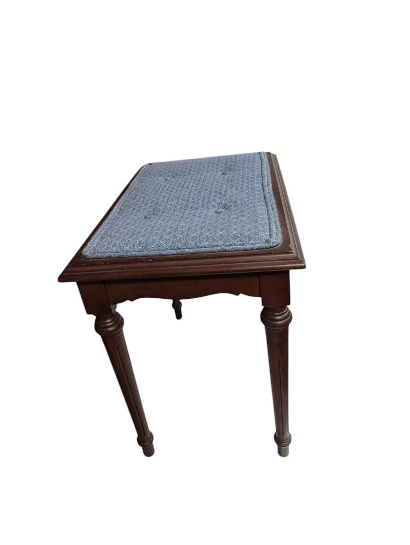 Small Wooden Bench with Blue Cushion