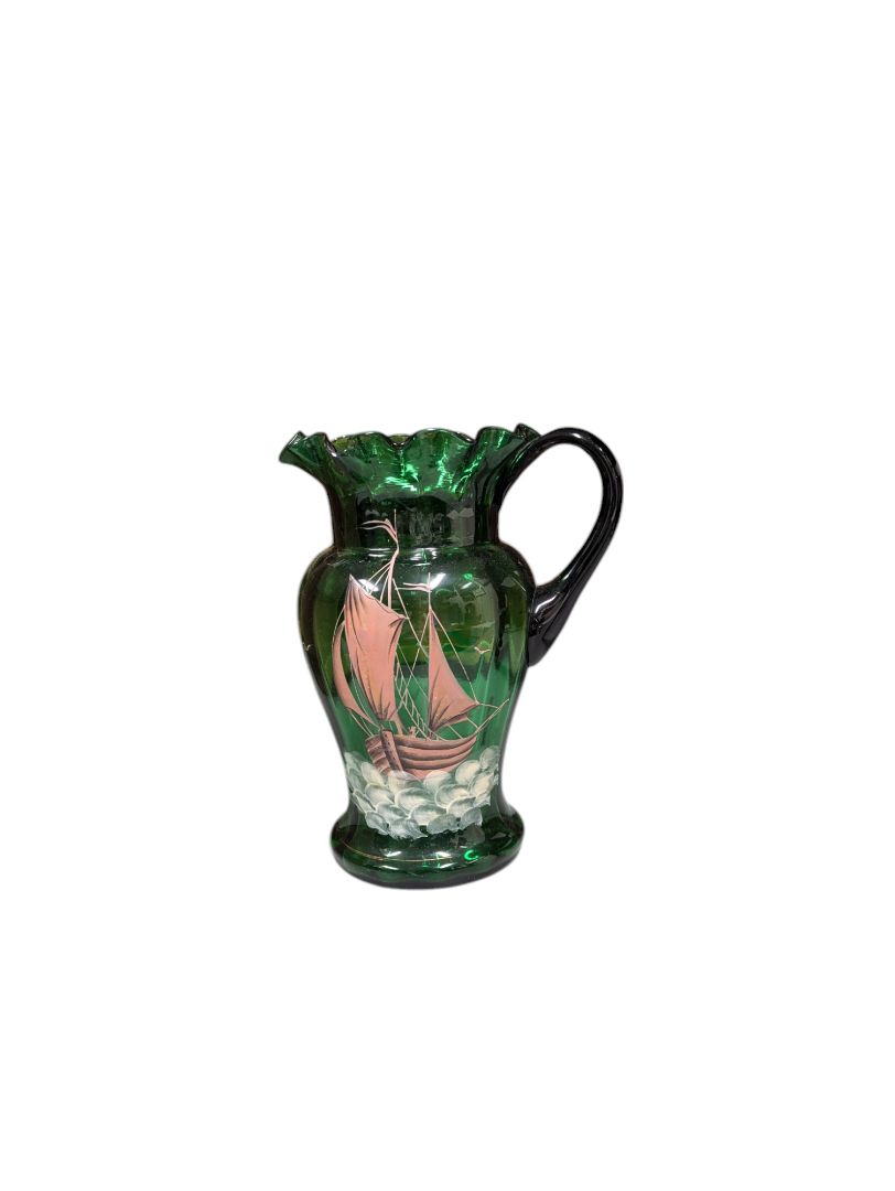 Green Glass Pitcher with Ship Decoration