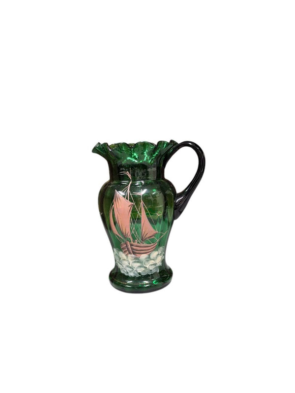 Green Glass Pitcher with Ship Decoration