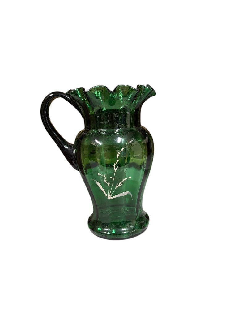 Green Glass Pitcher with Ship Decoration