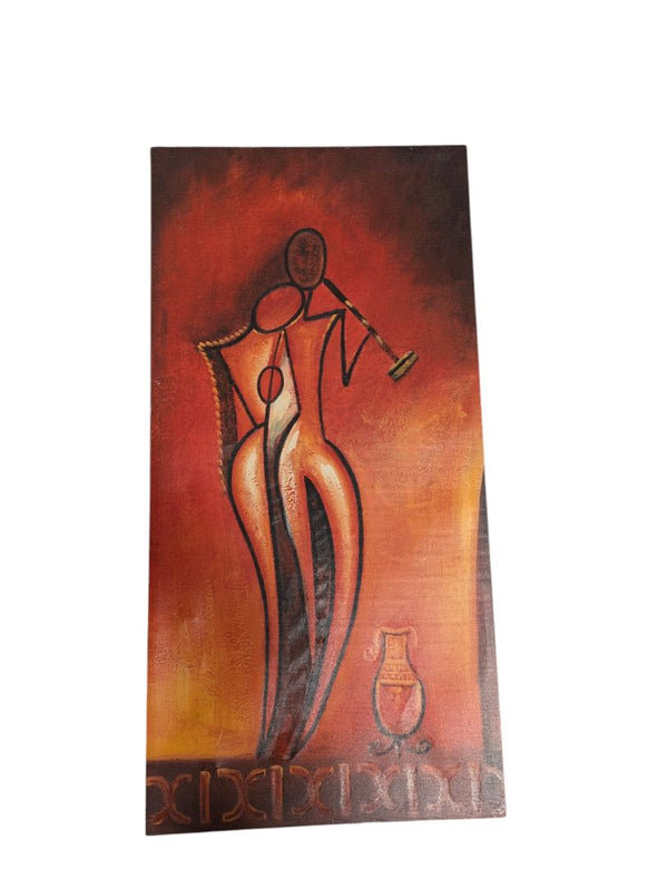 Abstract Orange Painting of 2 Figures and a Pot 16" x 32"