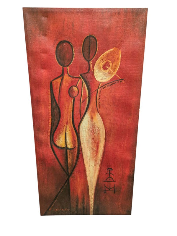Abstract Orange Painting of 2 Figures and a Guitar 16" x 32"