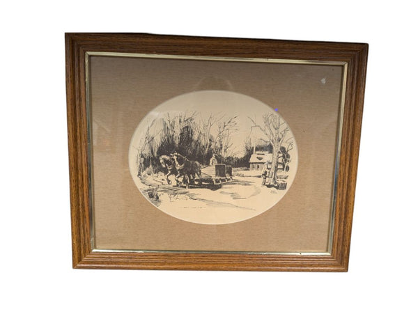 Painting of Horse Drawn Sleigh in Winter 13" x 16"