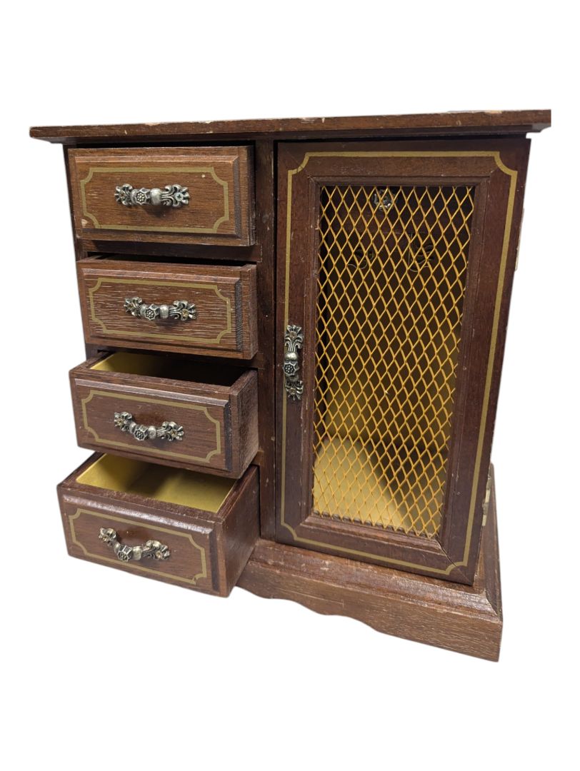Wooden Jewelry Box with Drawers and Lattice Door