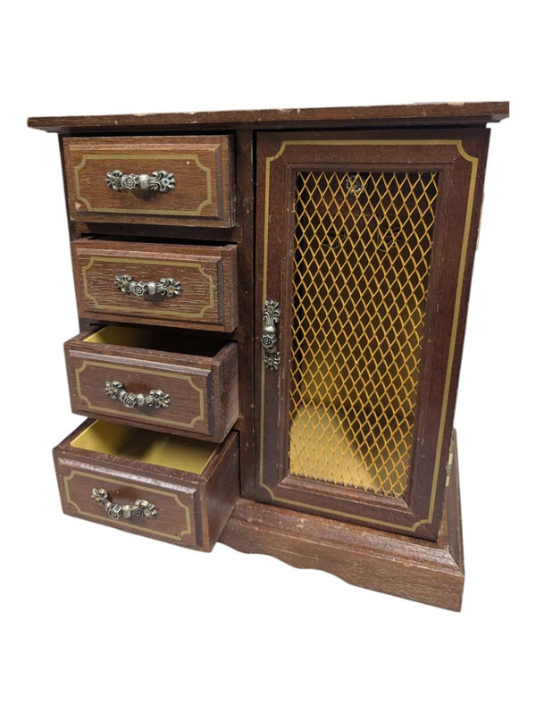 Wooden Jewelry Box with Drawers and Lattice Door