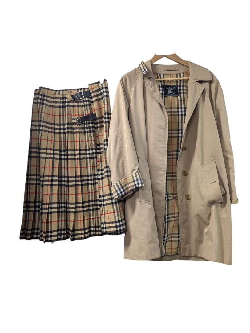 Burberrys' Tan Trenchcoat and Plaid Skirt Set Size 10
