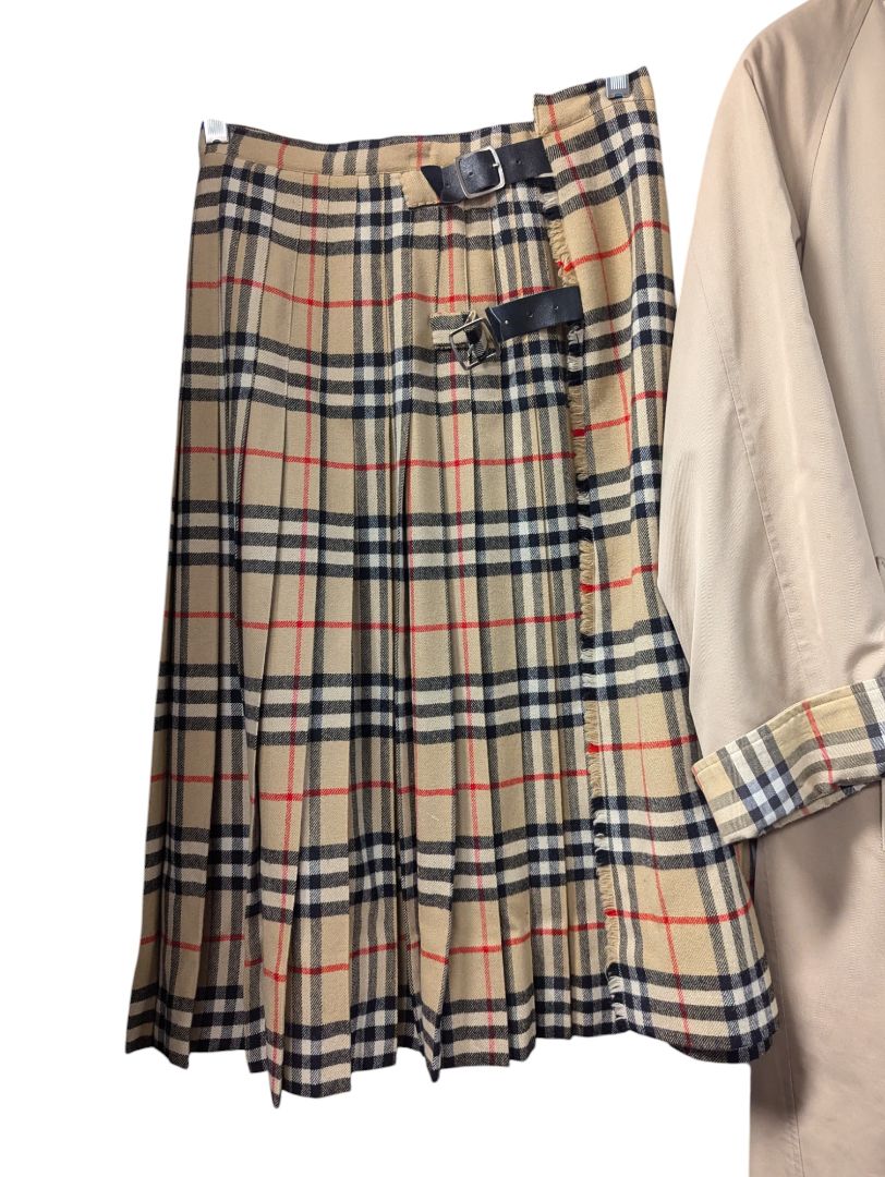 Burberrys' Tan Trenchcoat and Plaid Skirt Set Size 10