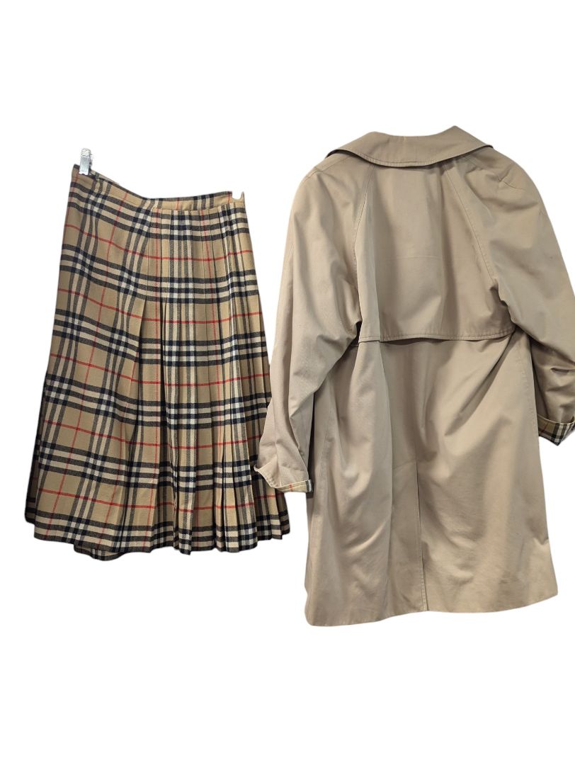 Burberrys' Tan Trenchcoat and Plaid Skirt Set Size 10