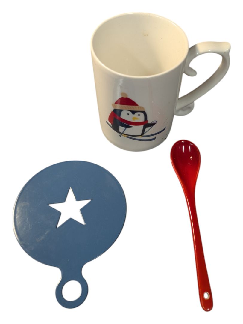 Skiing Penguin Mug with Spoon and Spoon Holder