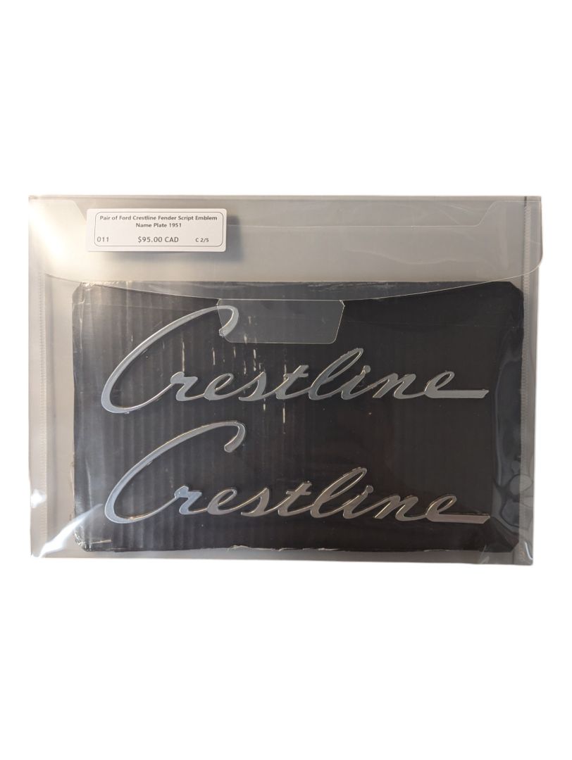 Pair of Ford Crestline Fender Script Emblem Name Plate 1951