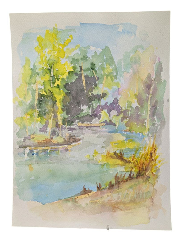 Watercolour Painting of a Sunlit Forest and River 9" x 12" (P)