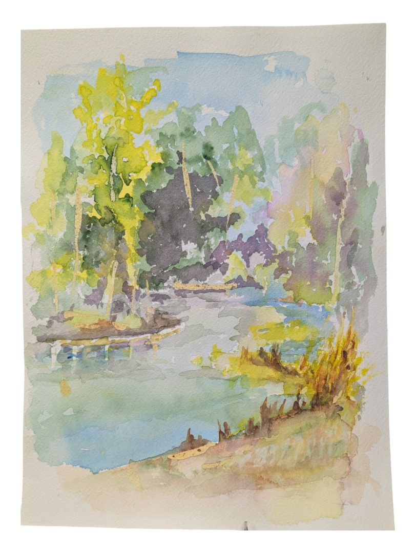 Watercolour Painting of a Sunlit Forest and River 9