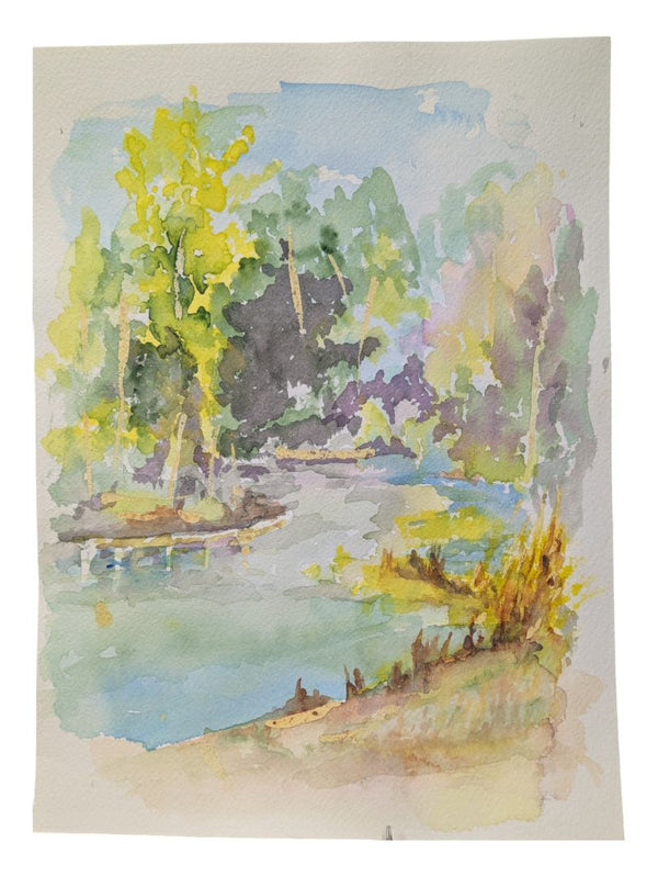 Watercolour Painting of a Sunlit Forest and River 9" x 12" (P)