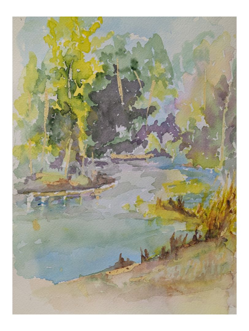 Watercolour Painting of a Sunlit Forest and River 9