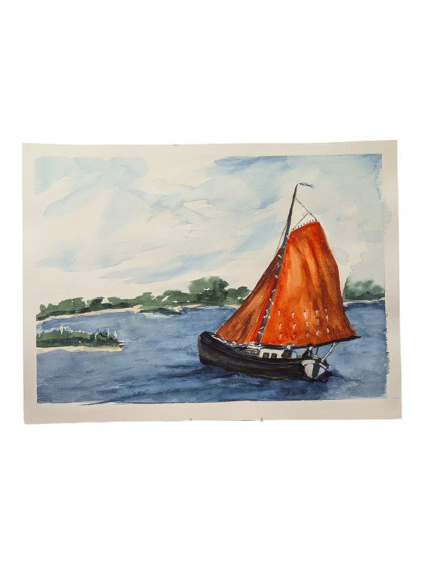 Watercolour Painting of an Orange Ship in a Bay 9" x 12" (P)