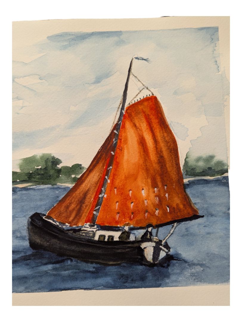 Watercolour Painting of an Orange Ship in a Bay 9