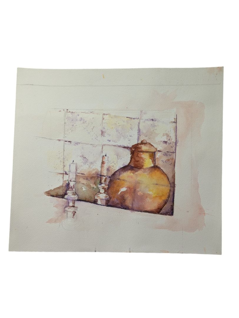 Waterclour Painting of a Copper Pot and Candles 12