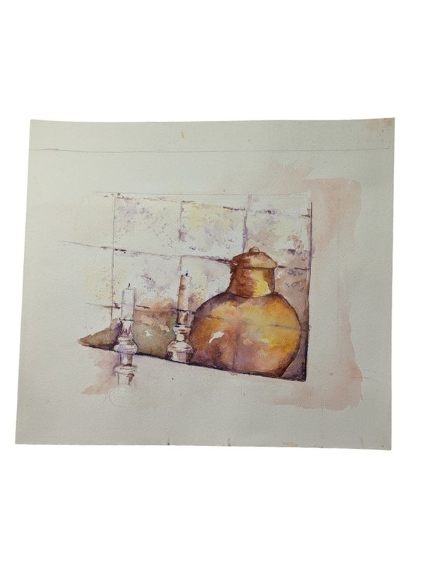 Waterclour Painting of a Copper Pot and Candles 12" x 14" (P)