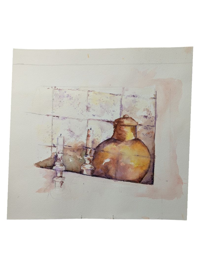 Waterclour Painting of a Copper Pot and Candles 12