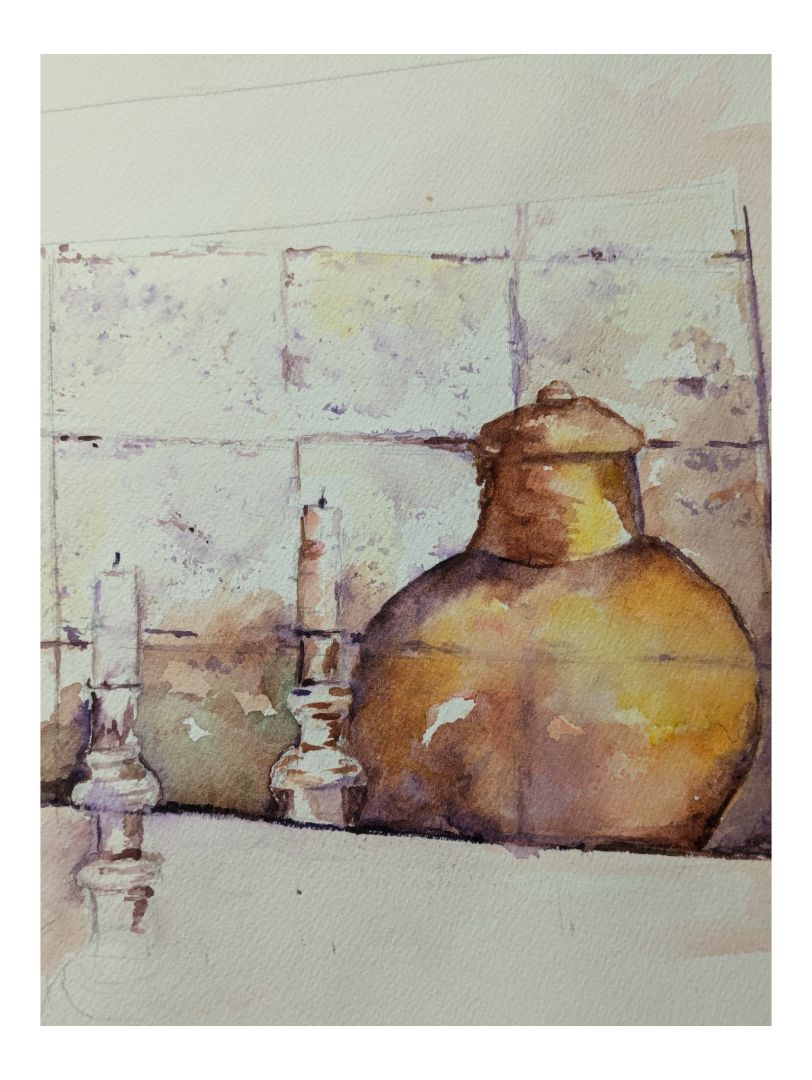 Waterclour Painting of a Copper Pot and Candles 12