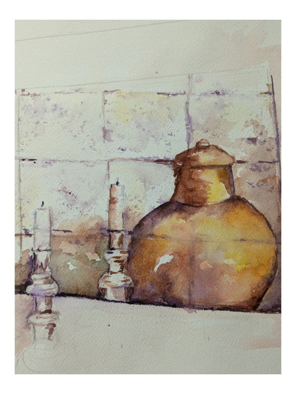 Waterclour Painting of a Copper Pot and Candles 12" x 14" (P)