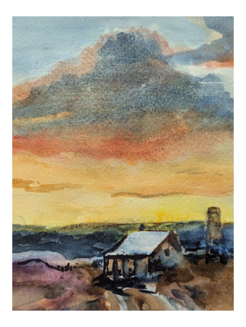 Watercolour Painting of a Sunset over a Shack 9