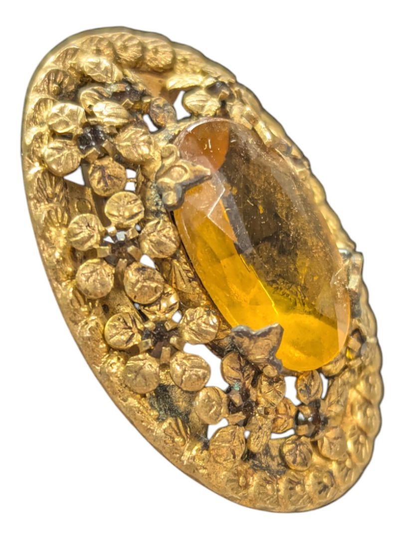 Amber-tone Brooch and Leather Bag